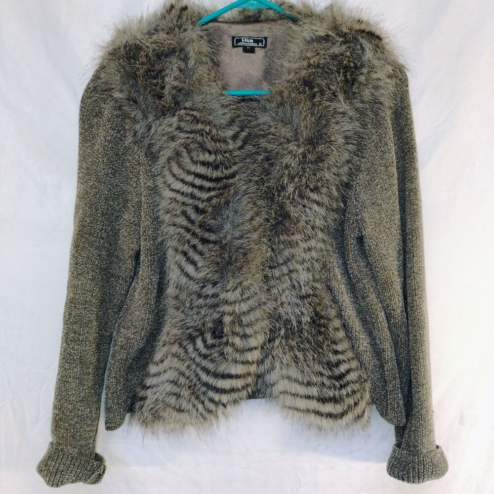 Lisa International Faux Fur Trim Cardigan Coat Plush Fur Front • PL Size y2k